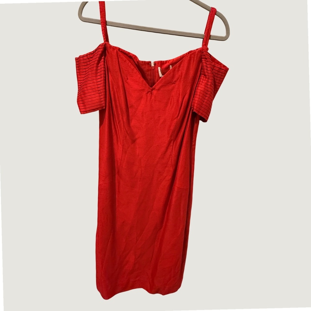 Vintage 80s Union Made Leslie Fay Red Off Shoulder Sheath Cocktail Dress